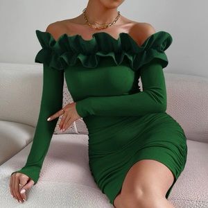 Green off the shoulder ruffle dress
